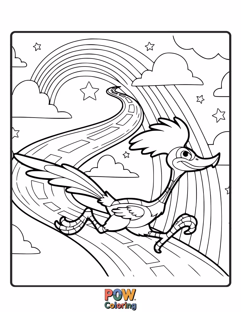 Free coloring page of A horse galloping with all four hooves off the ground, creating a vibrant rainbow trail behind it.
