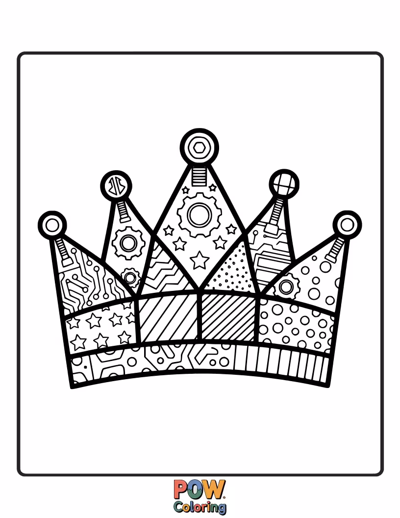 Free coloring page of A cool, futuristic crown assembled from colorful robotic parts and flashing lights.