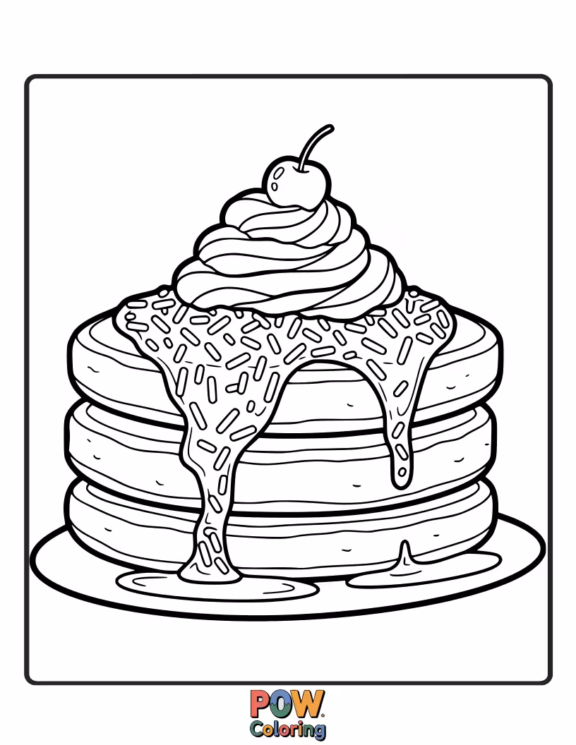 Free coloring page of Fluffy pancakes adorned with a vibrant cascade of colorful sprinkles, ready to bring joy and imagination to your coloring adventure.