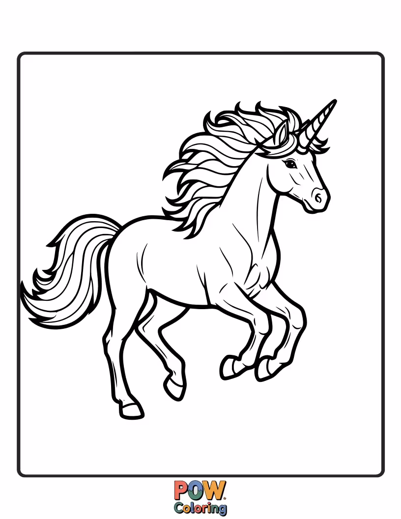 Free coloring page of A majestic unicorn with a flowing rainbow mane and tail galloping joyfully through a field of colorful flowers under a bright rainbow sky.