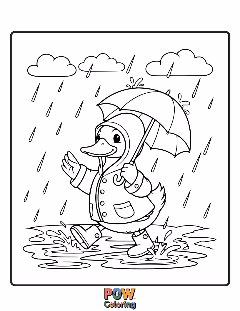Free coloring page of A cute duck happily splashing in puddles while wearing bright yellow boots and a raincoat.
