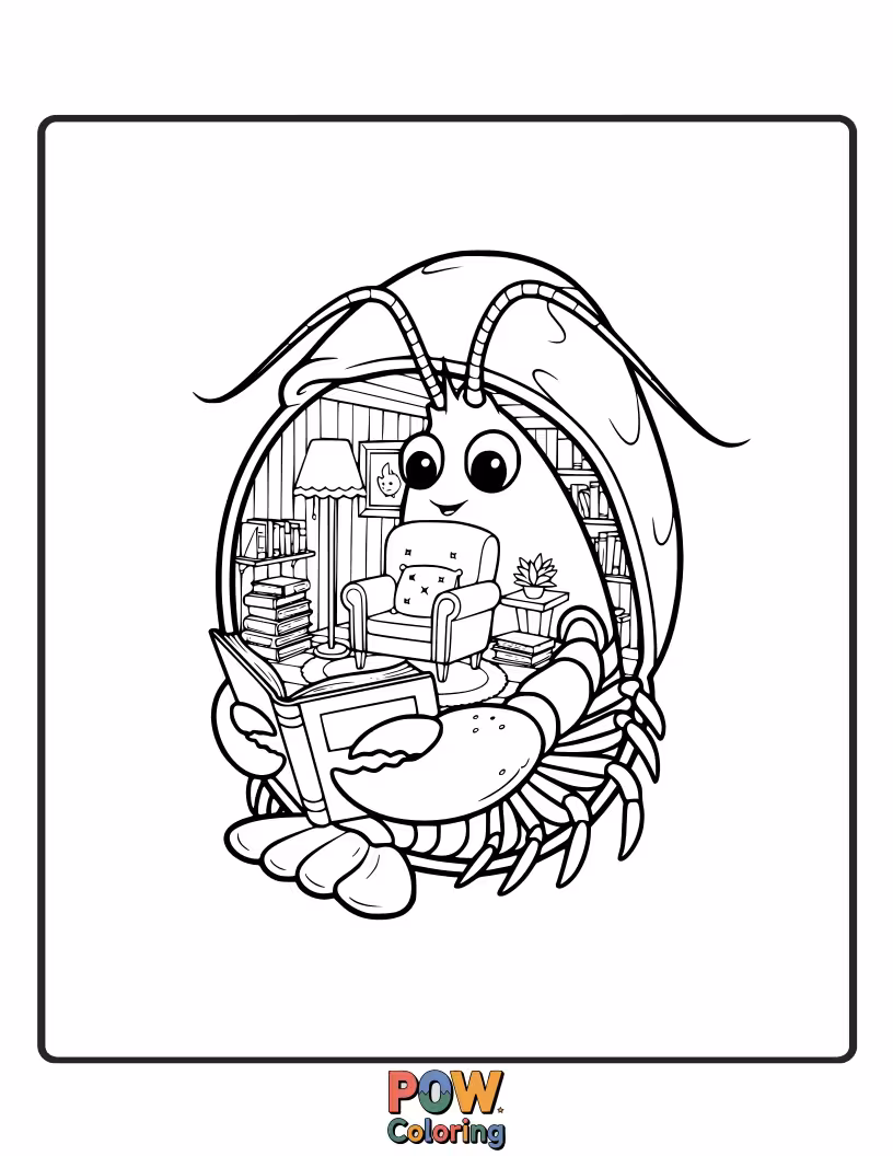 Free coloring page of A studious lobster nestled in a cozy armchair, engrossed in a book, with glasses perched on its nose.