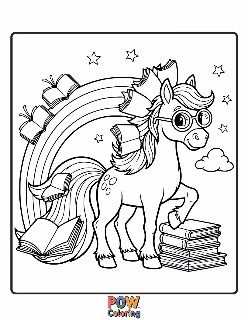 Free coloring page of A studious horse with spectacles, engrossed in a giant book, with colorful rainbow patterns filling the pages.