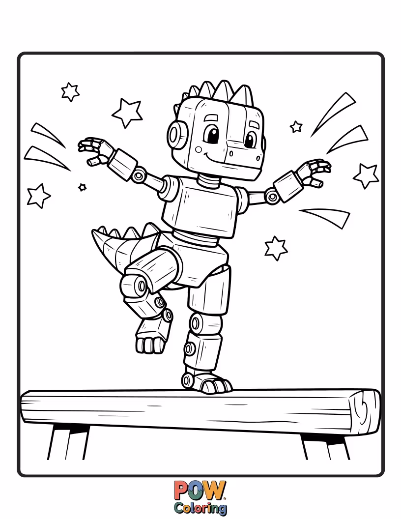 Free coloring page of A cool T-Rex robot doing a powerful vault and other mechanical dinosaurs showcasing unique gymnastics moves.