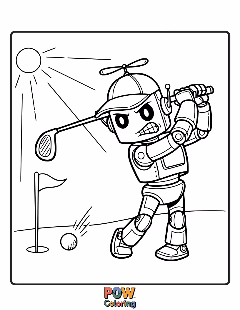 Free coloring page of A shiny, futuristic robot with glowing eyes expertly teeing off, sparks flying from its powerful swing.