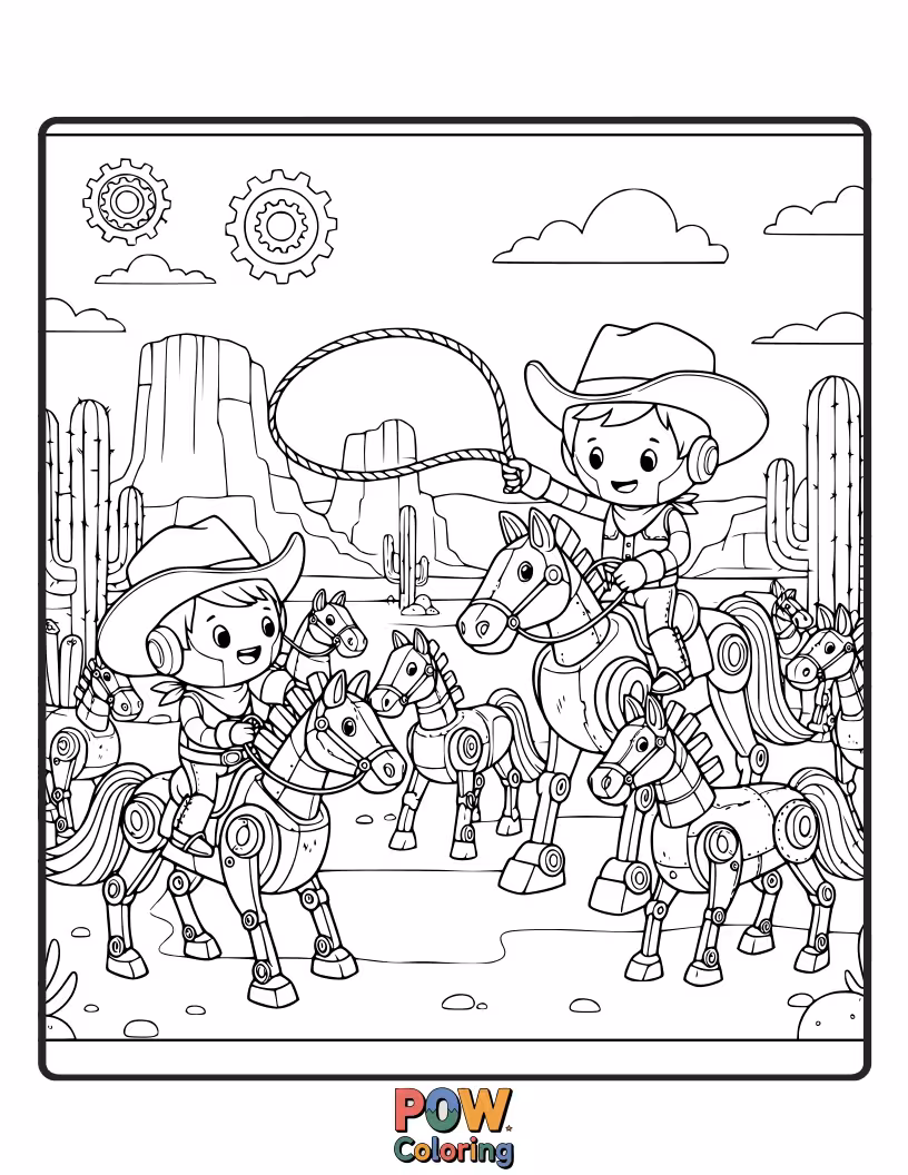 Free coloring page of A cool, futuristic horse made of gears and circuits, performing a mechanical dance in a tech-filled field.