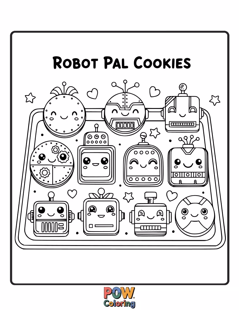 Free coloring page of Quirky cookies designed as friendly robots with gears and circuits. Assemble a colorful, mechanical crew!