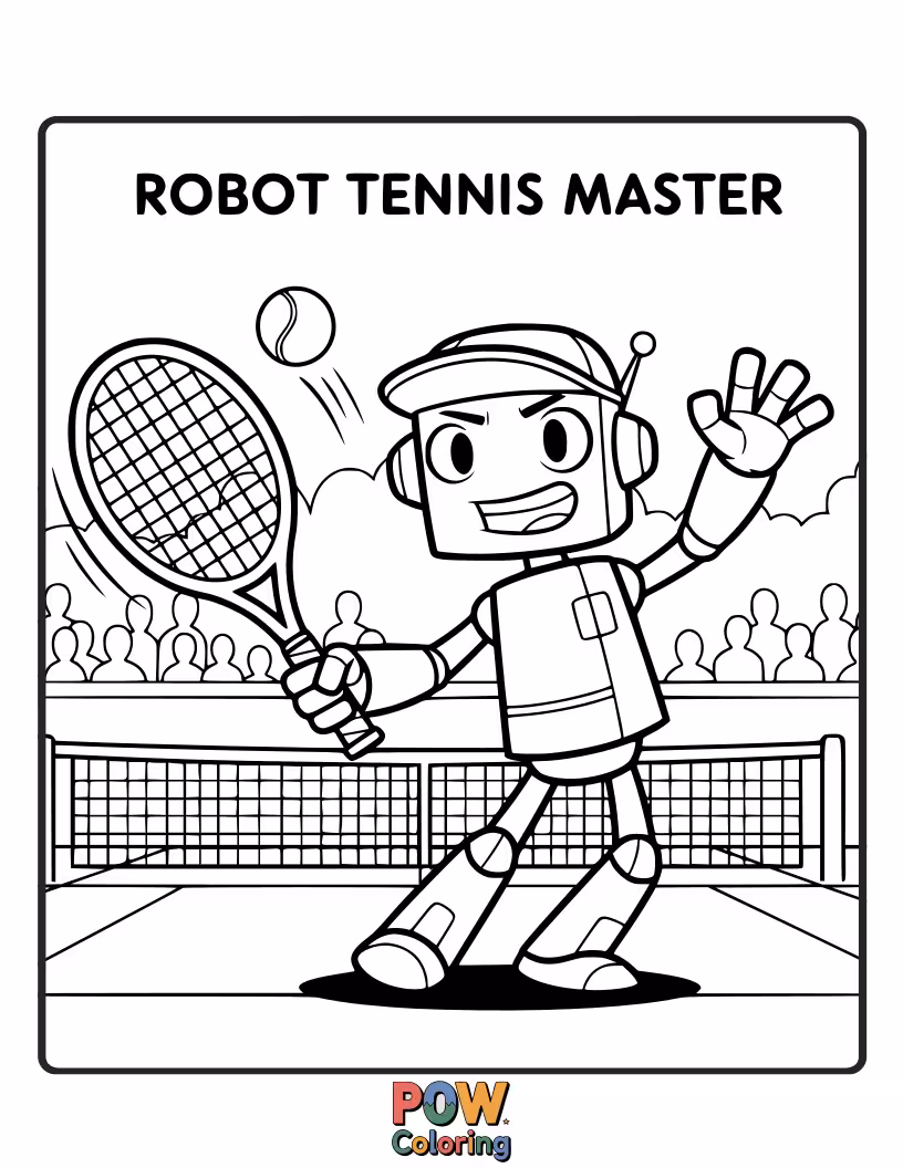 Free coloring page of A sleek, futuristic robot playing tennis with precision and efficiency, sparks flying from its movements.