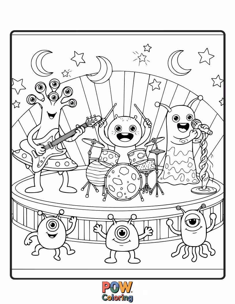 Free coloring page of Friendly, multi-eyed aliens playing futuristic guitars and synthesizers, beaming down to earth for a cosmic concert.