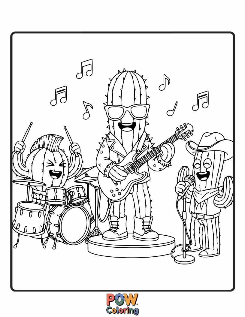 Free coloring page of Spiky cacti wearing sunglasses and bandanas, rocking out with guitars and drums in a desert landscape.