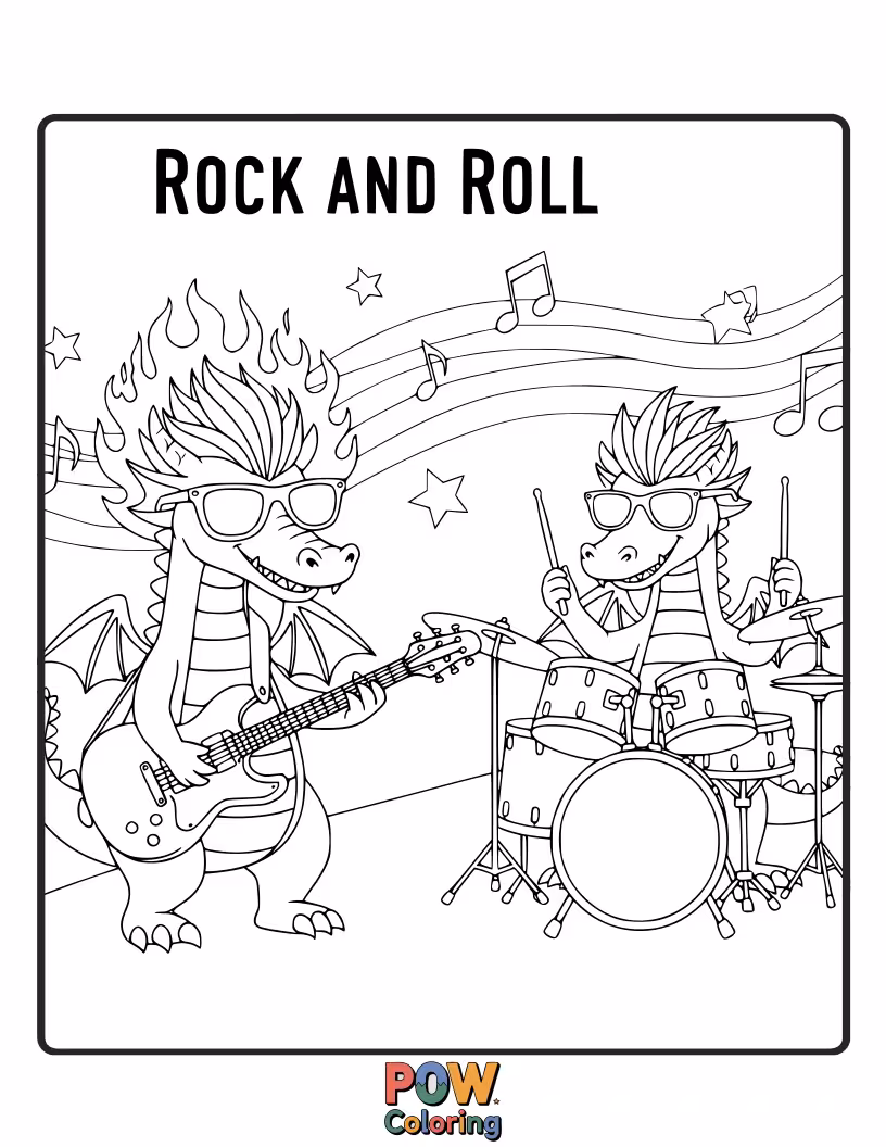 Free coloring page of Friendly dragons breathing colorful smoke rings while playing epic guitar solos with fiery breath.