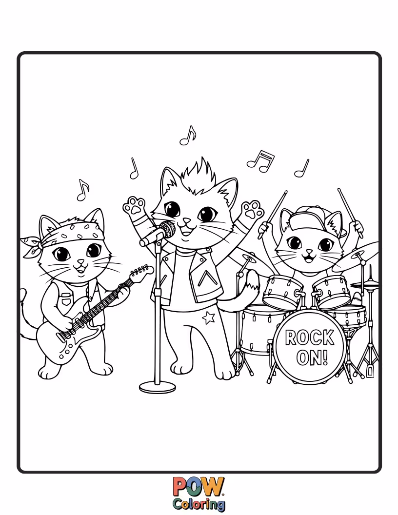 Free coloring page of Fluffy kittens strumming tiny ukuleles and drums, sporting rockstar hairdos and starry-eyed expressions for the stage.