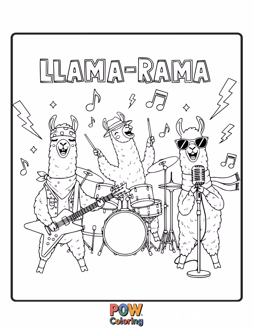 Free coloring page of Cool llamas with sunglasses and funky hairstyles, strutting their stuff with microphones and spinning records.
