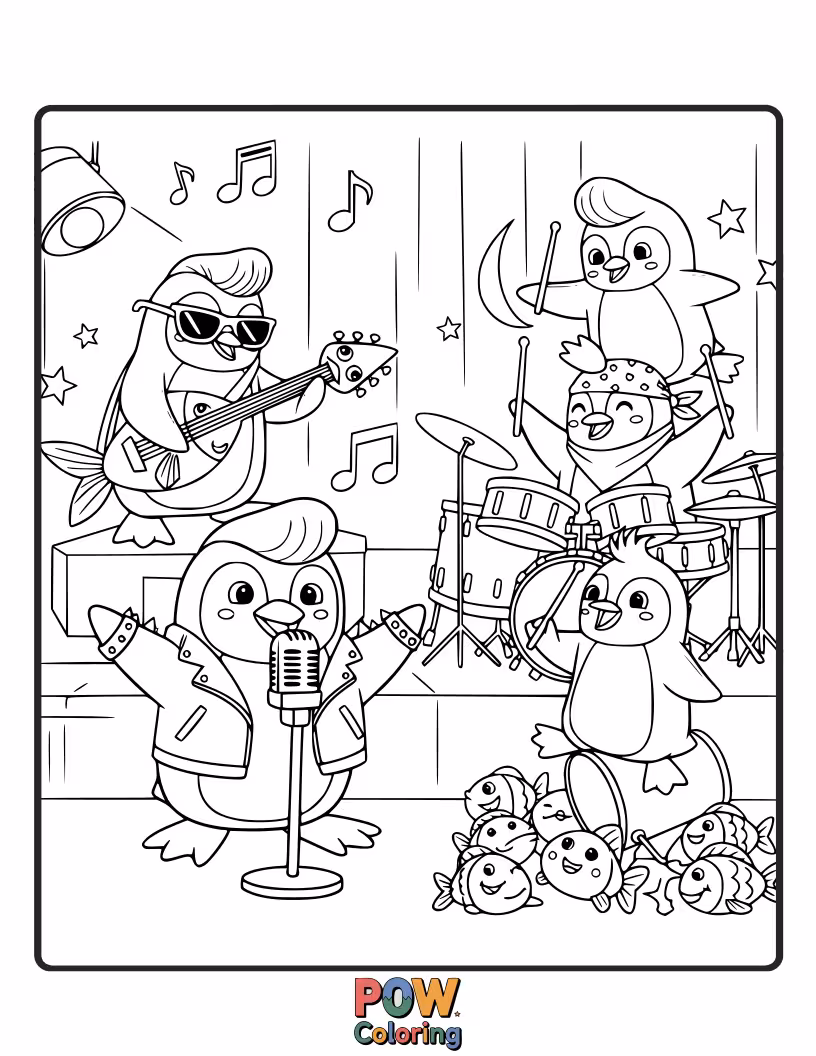 Free coloring page of Dapper penguins in tiny tuxedos rocking electric guitars and holding microphones on an icy stage.
