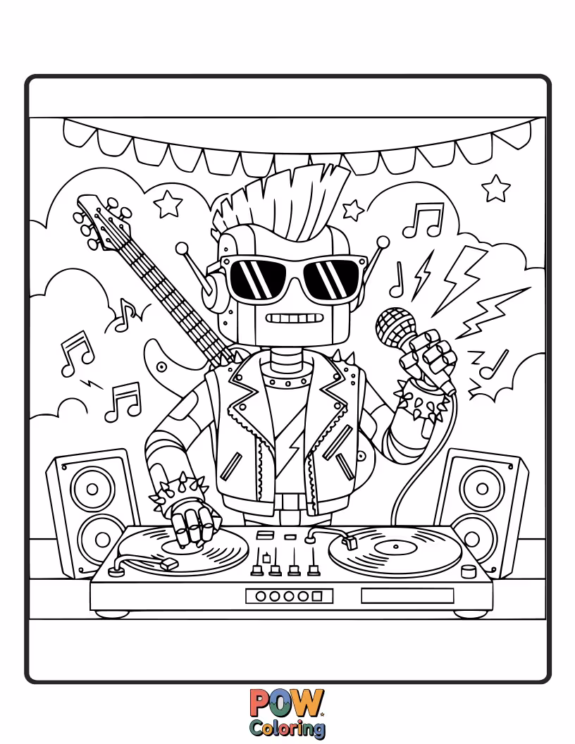 Free coloring page of Cool robots with headphones and turntables, mixing beats and scratching records at a vibrant party.
