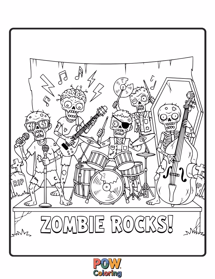 Free coloring page of Goofy zombies with ripped clothes, playing bass guitars and drums with a surprisingly good rhythm.
