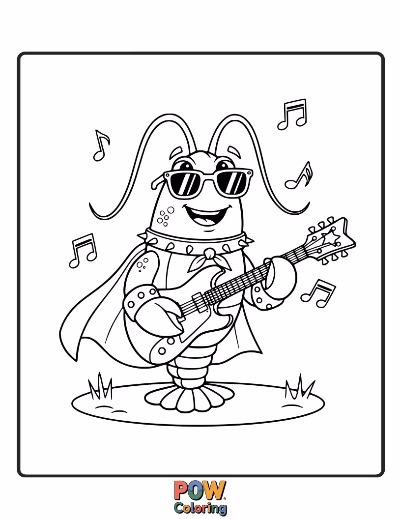 Free coloring page of A cool lobster with sunglasses and a guitar, ready to rock out with an electric riff and a determined smile.