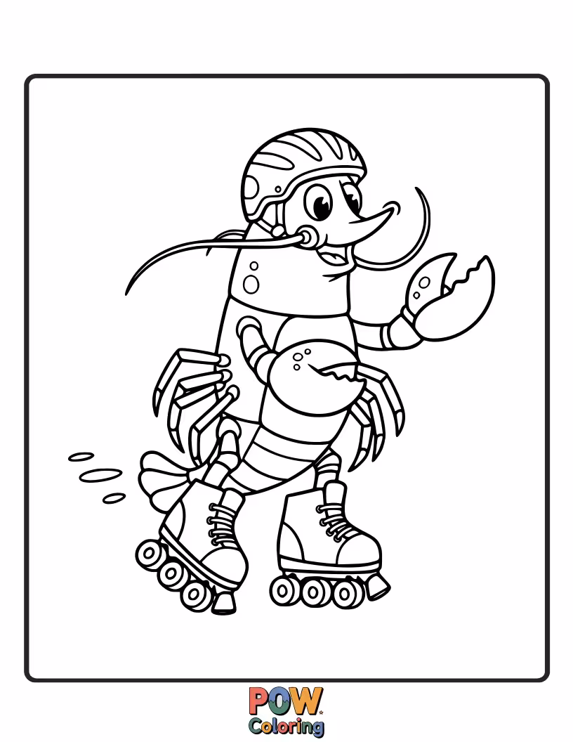 Free coloring page of A dynamic lobster gracefully gliding on roller skates, leaving a trail of bubbles as it speeds along.