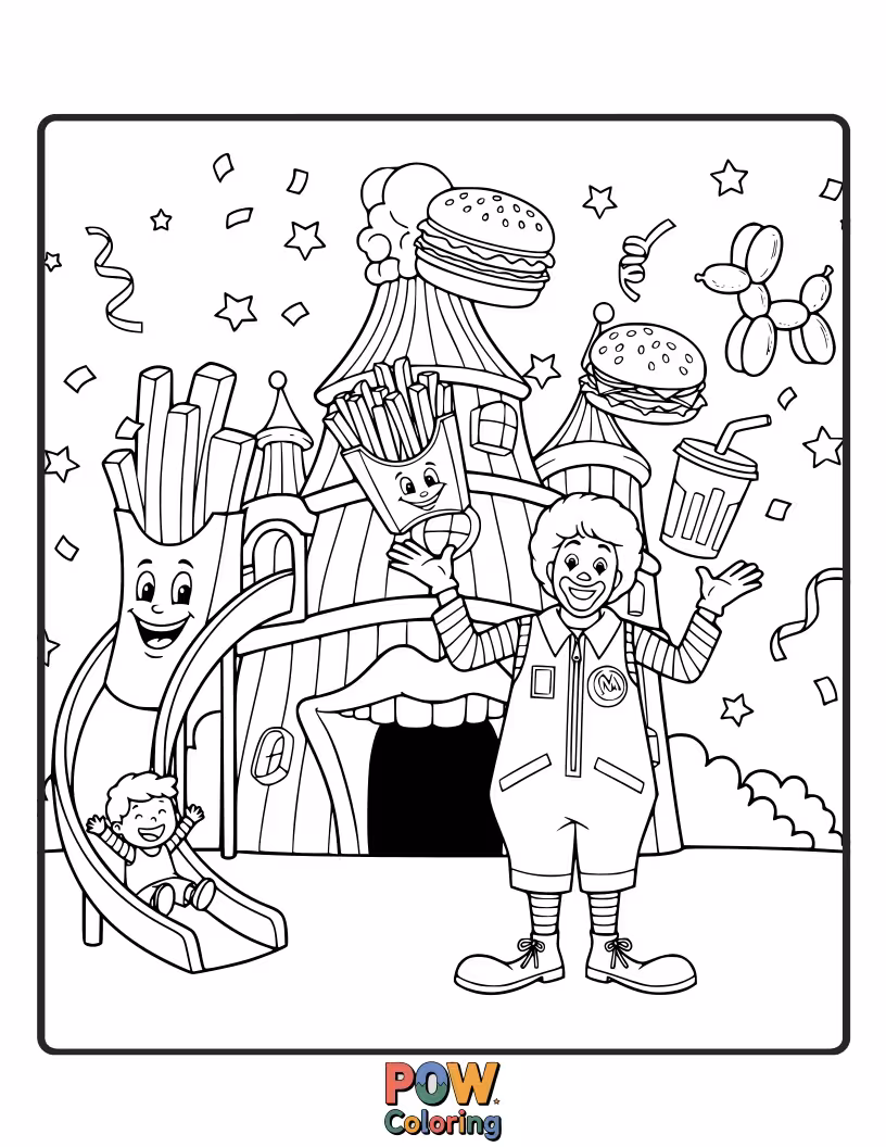 Free coloring page of Ronald McDonald in a funhouse with balloons, confetti, and dancing french fries.