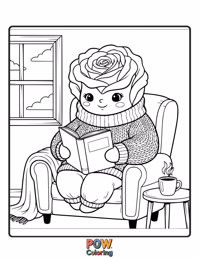Free coloring page of A wise owl perched on a bookshelf, engrossed in a book, with a small rose nearby.