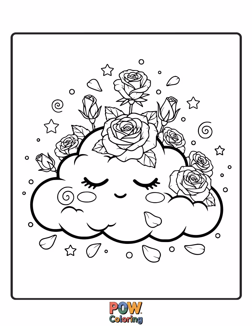 Free coloring page of A fluffy cloud shaped like a rose, with soft stars and crescent moons peeking out.