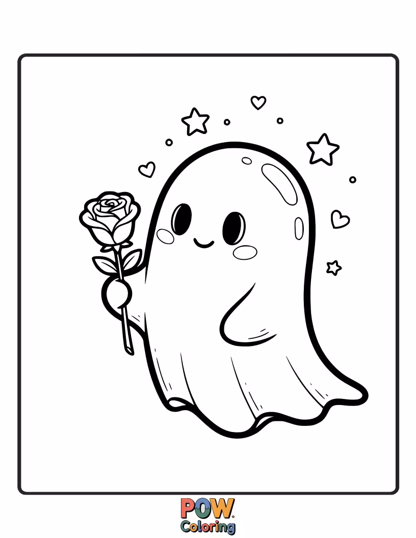 Free coloring page of A Casper-like ghost happily floating and holding a delicate rose, leaving a trail of sparkles.