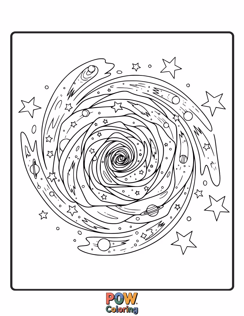 Free coloring page of A swirling galaxy pattern forming into the shape of a blooming rose, with stars as dew drops.