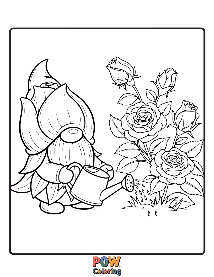 Free coloring page of A tiny gnome proudly tending a giant, smiling rose, wearing a mushroom hat and watering can.