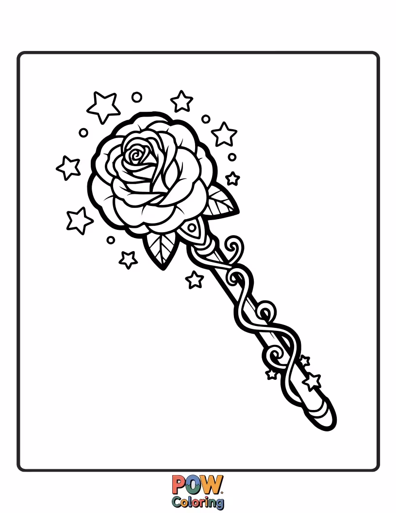 Free coloring page of A sparkly magic wand shaped like a rose, casting glittery star spells.