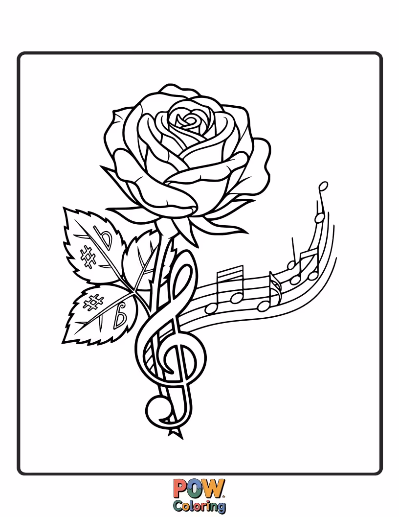 Free coloring page of A dancing musical note with rose petal wings, playing a cheerful tune.