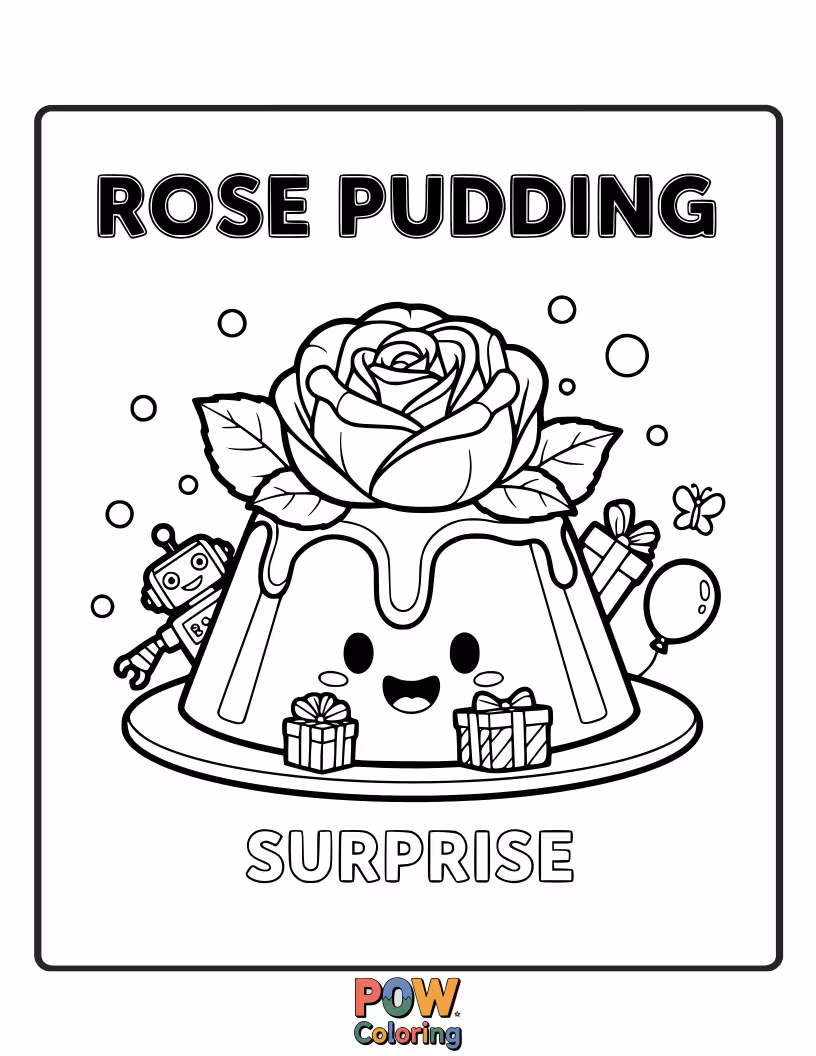 Free coloring page of A wobbly pudding with a rose blooming from its center, topped with whipped cream swirls.
