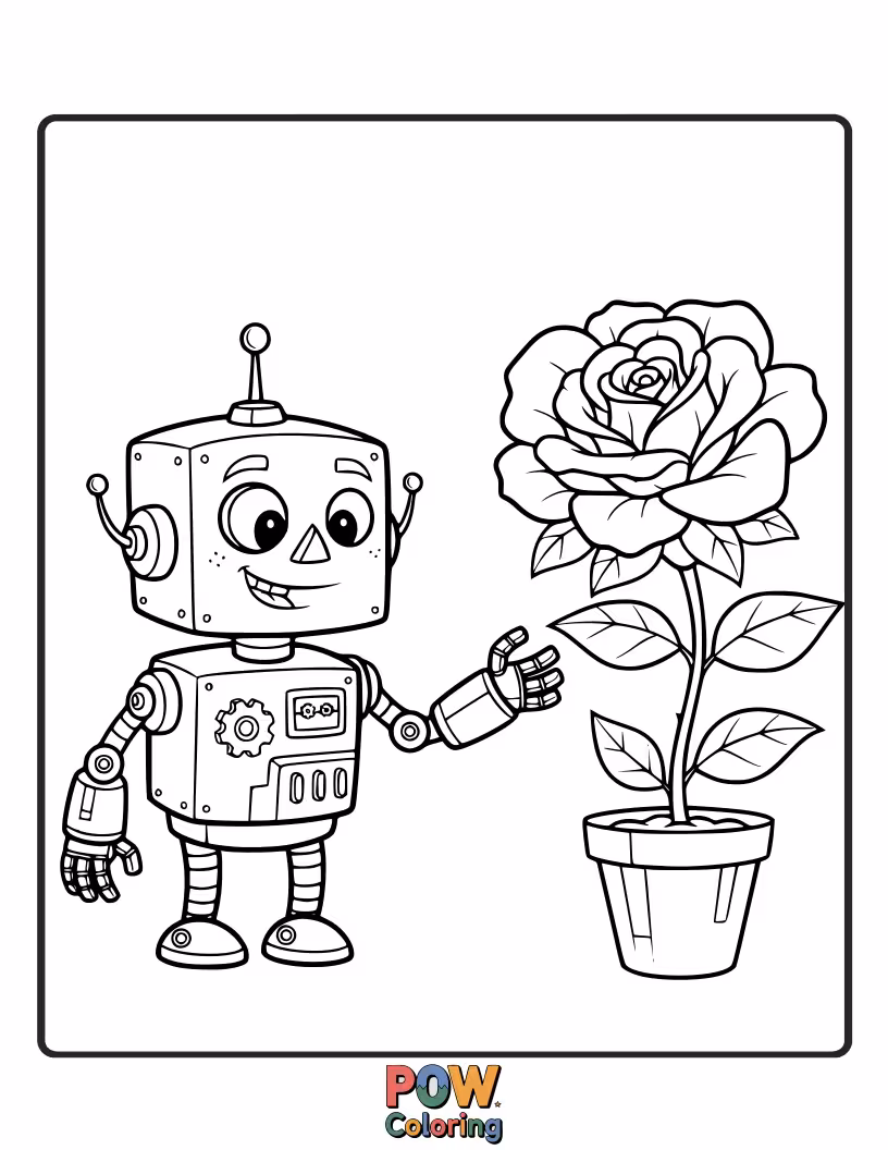 Free coloring page of A cheerful, boxy robot sharing a blooming rose with a curious butterfly. Gears and petals mingle.