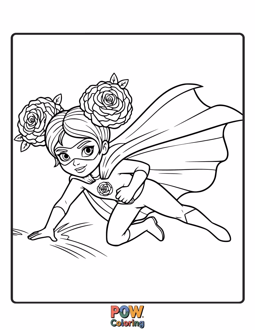 Free coloring page of A heroic rose striking a dynamic pose after a dramatic landing, cape made of petals.
