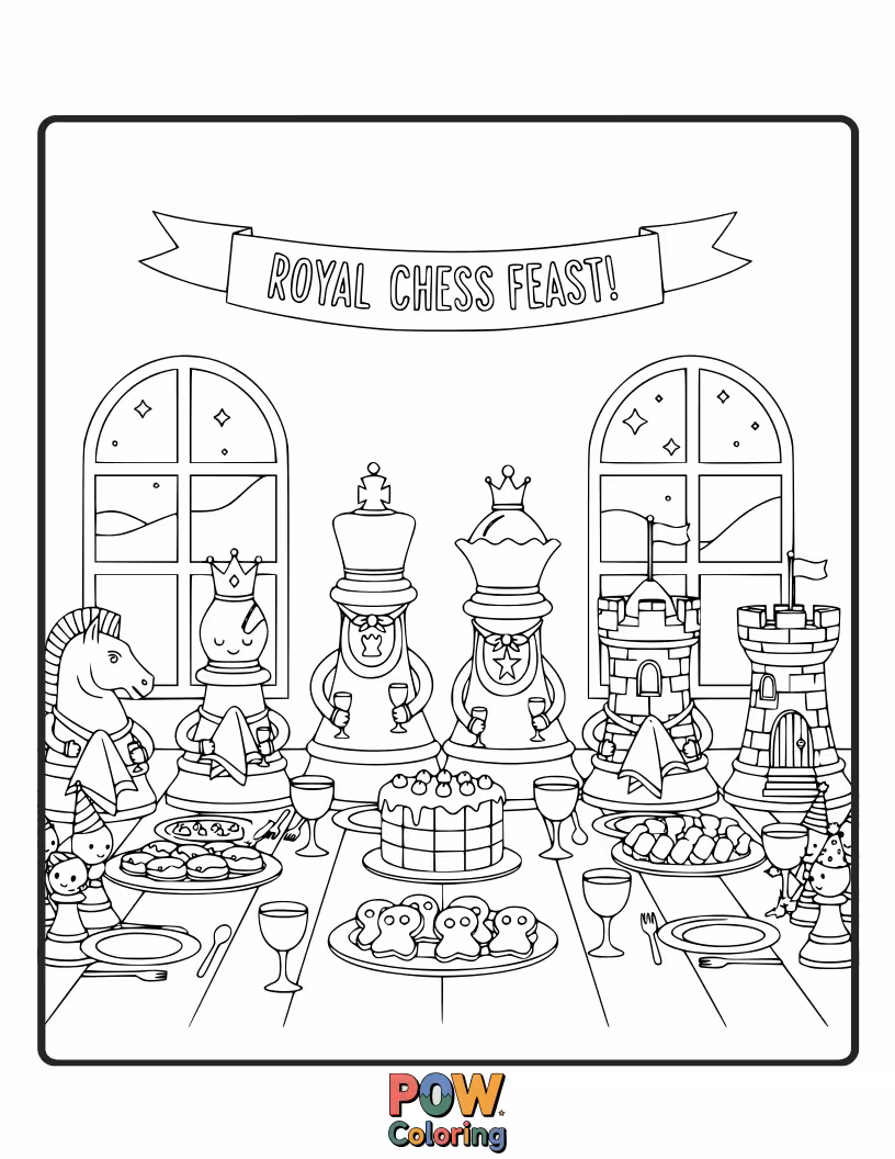Free coloring page of King and Queen figurines enjoying a miniature picnic with tiny sandwiches and teacups on a checkered battlefield.