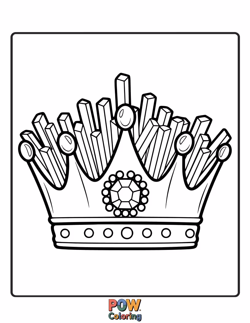 Free coloring page of A majestic french fry wearing a tiny, sparkling crown, looking regal and ready for a colorful coronation. Fit for a king or queen!