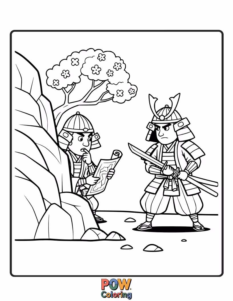 Free coloring page of A noble samurai contemplating a move with intense focus, the chess board representing a battlefield of honor.