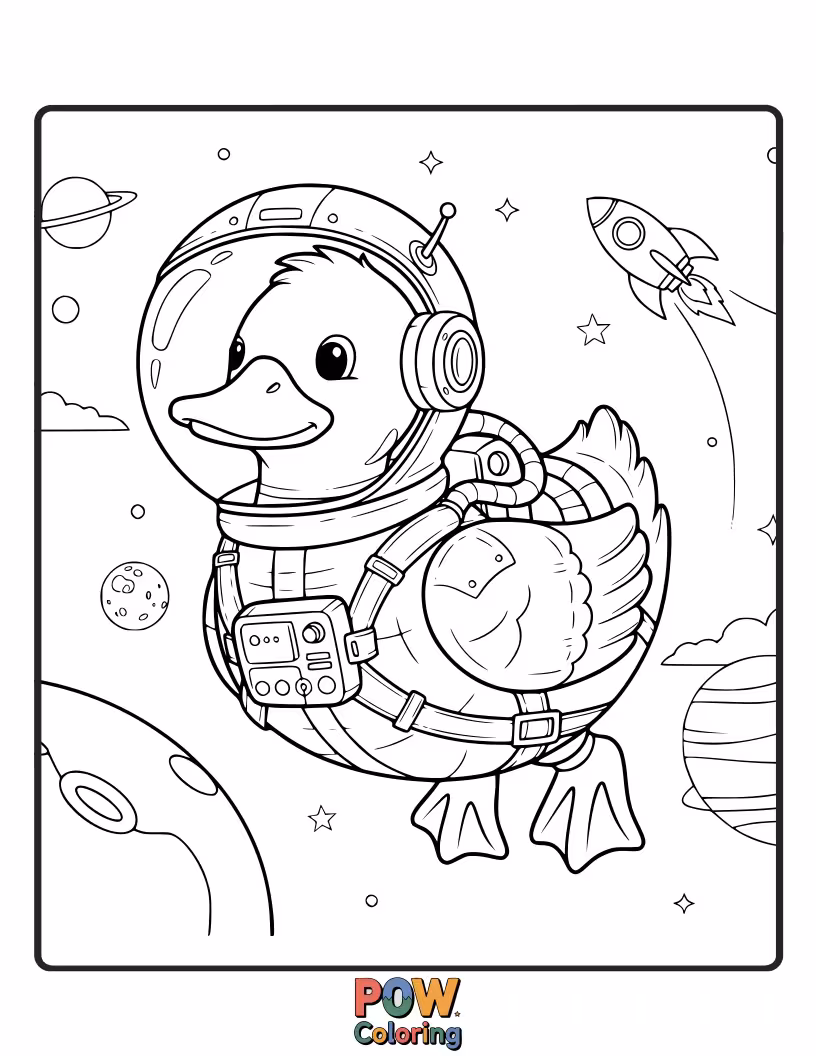 Free coloring page of Blast off with this adventurous duck in a rocket ship, exploring the starry cosmos.