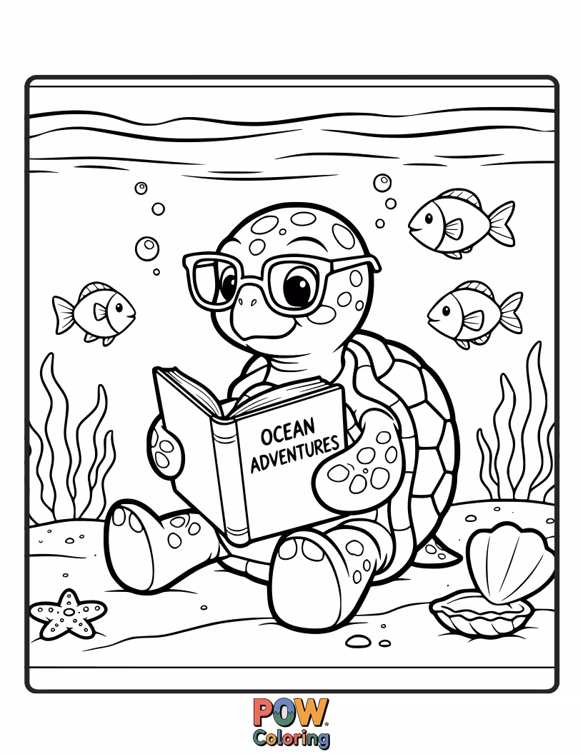 Free coloring page of A studious sea turtle wearing spectacles, reading a scroll at the bottom of the ocean. Intellectual marine life.