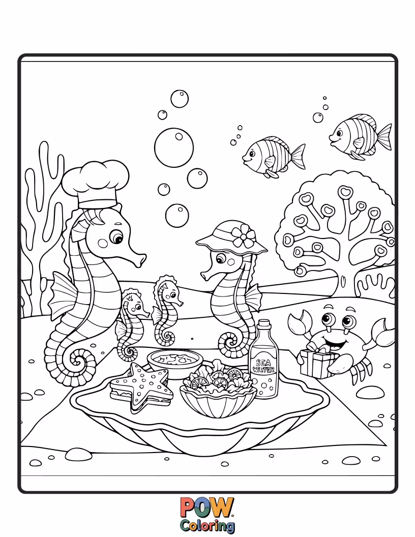 Free coloring page of A happy seahorse family enjoying a meal of tiny plankton amongst swaying seaweed. A heartwarming scene of togetherness.