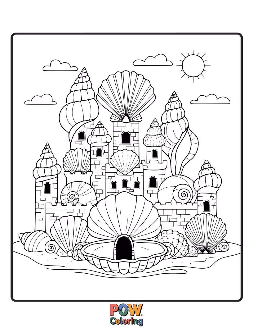 Free coloring page of A magnificent sandcastle built entirely from various beautiful seashells, guarded by playful dolphins jumping nearby.