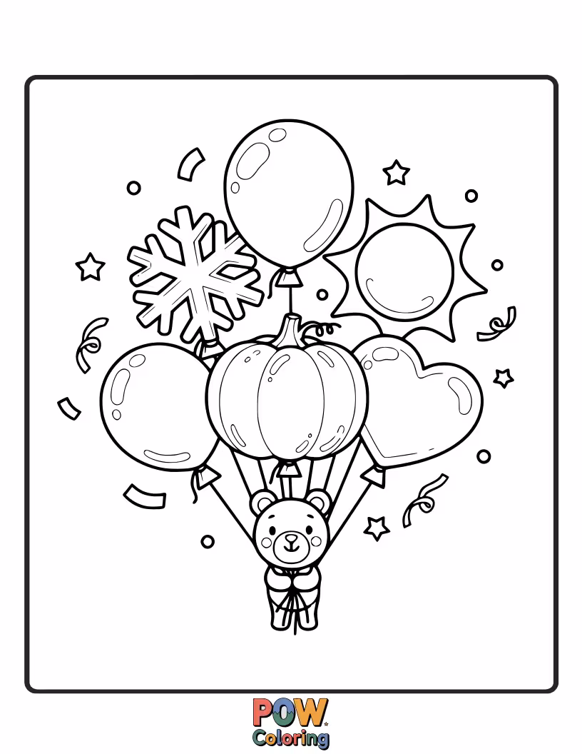 Free coloring page of Hot air balloons decorated for different holidays – pumpkins for Halloween, snowflakes for winter, flowers for spring.