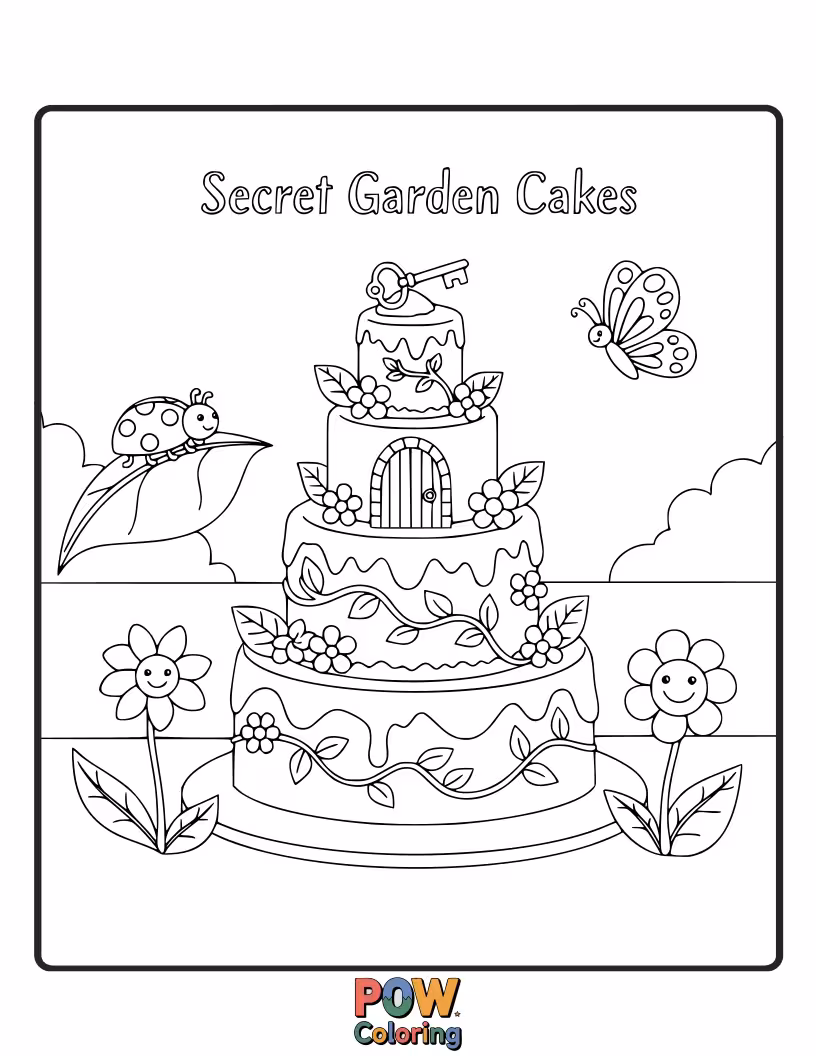 Free coloring page of Elaborate cakes hidden within a blooming secret garden, complete with climbing vines and buzzing bees.