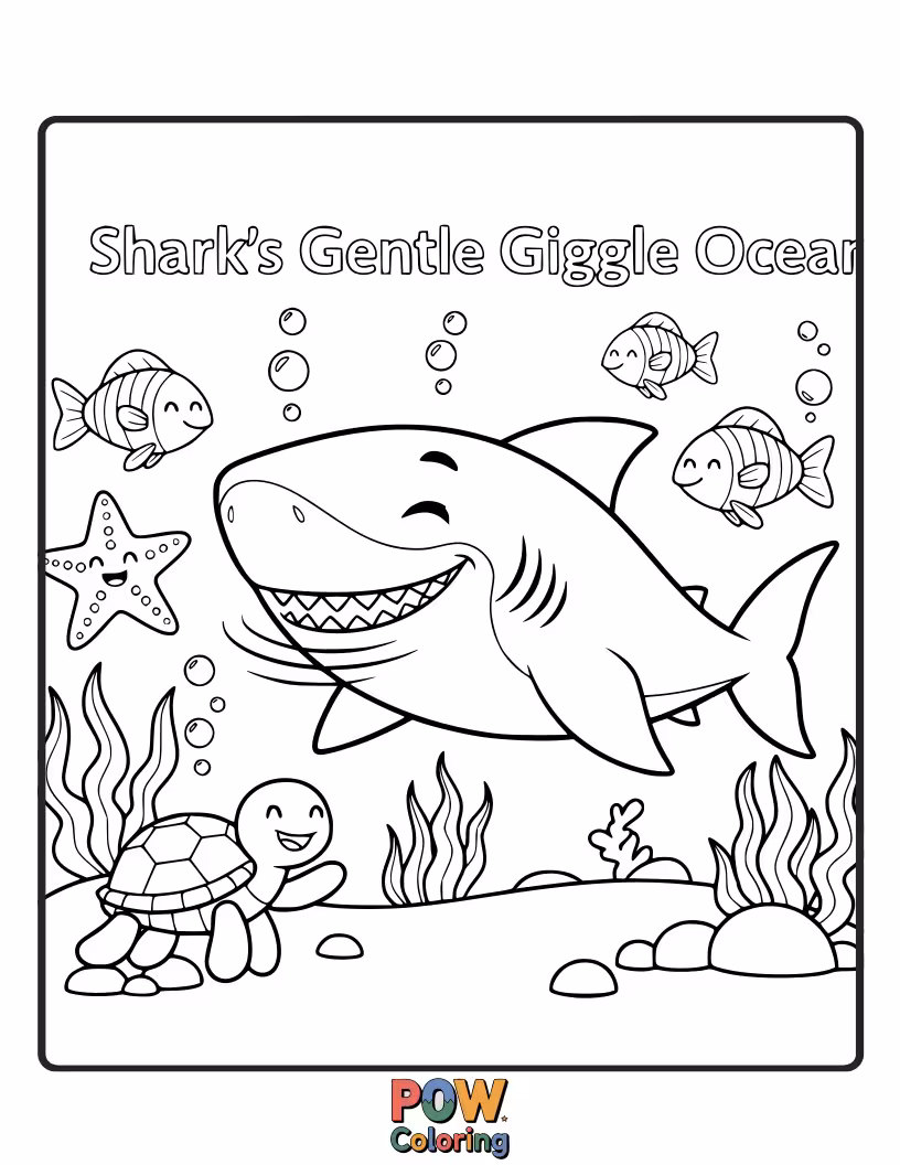 Free coloring page of A friendly cartoon shark with a goofy grin, surrounded by tiny, unafraid fish. Redefining ocean perceptions with humor.