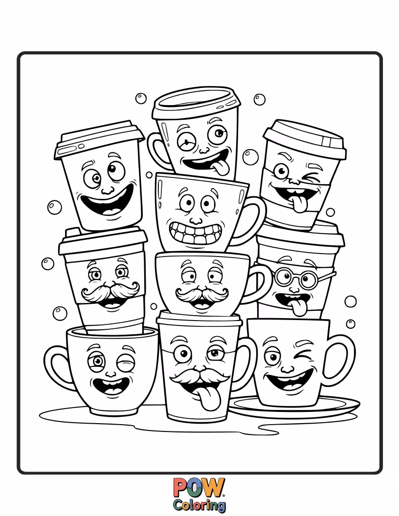 Free coloring page of A variety of cups sporting hilariously exaggerated expressions, from surprised to grumpy to super excited!