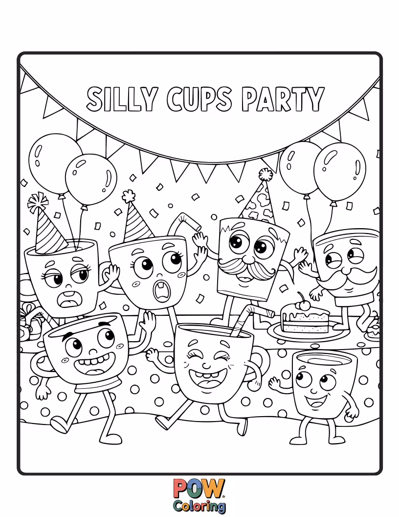 Free coloring page of A lively party where cups wear funny hats, dance, and share jokes. Get ready for a giggly coloring session!