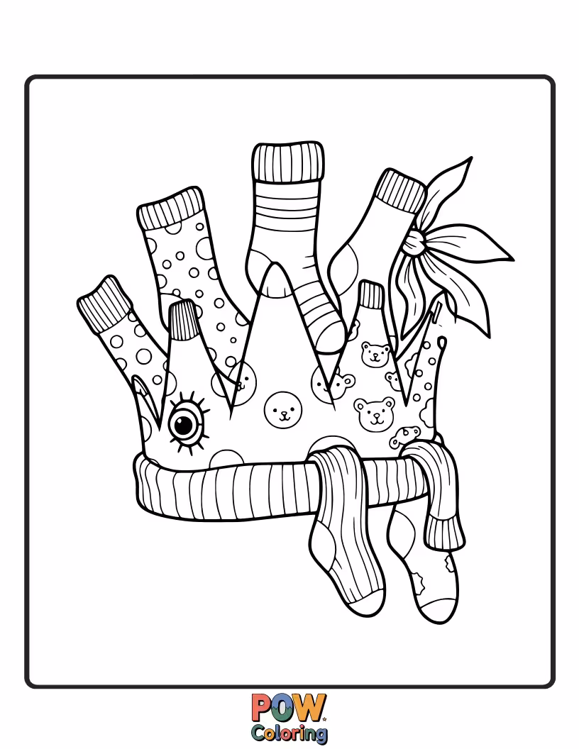 Free coloring page of A hilariously mismatched collection of socks artfully arranged into a surprisingly jaunty crown.