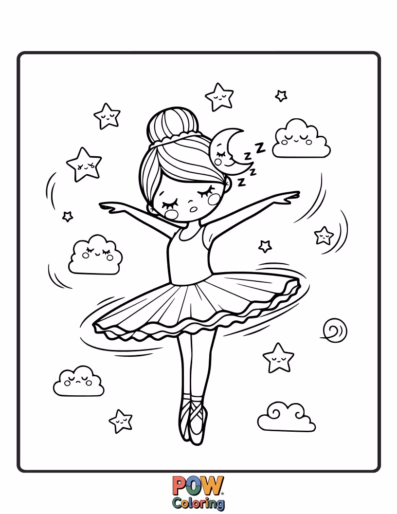 Free coloring page of A sleepy ballerina does a gentle twirl, a starry night sky her backdrop, a crescent moon her stage.