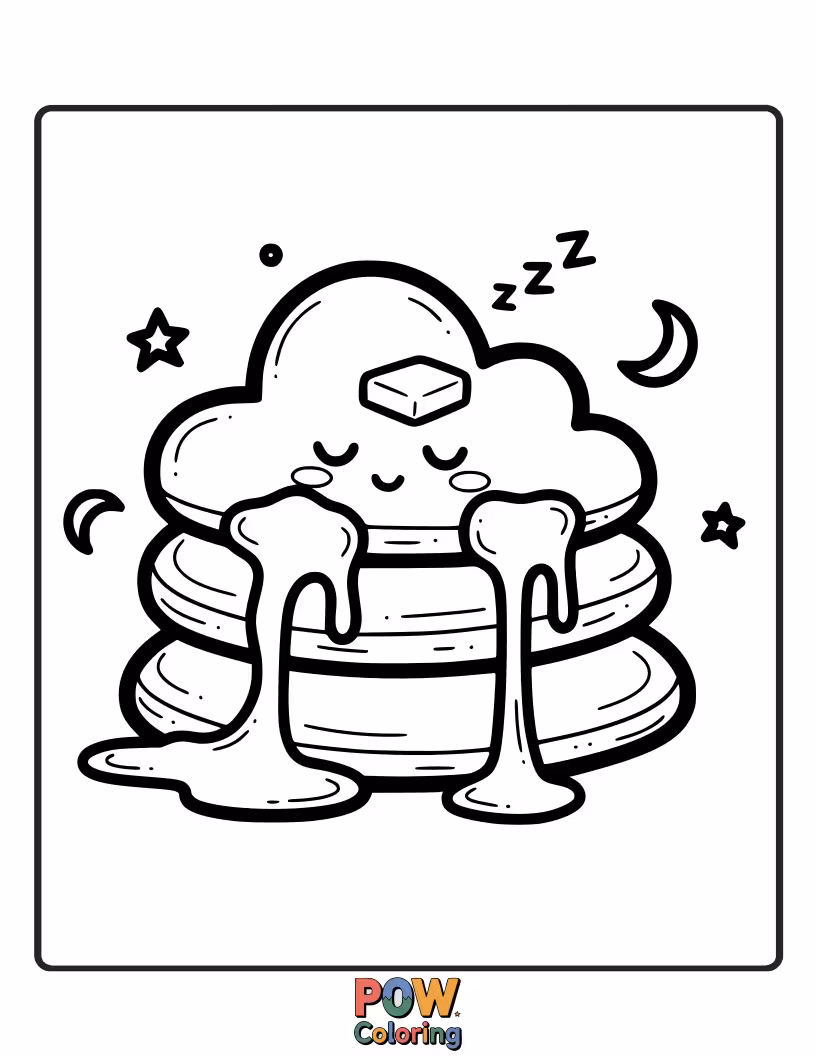 Free coloring page of Adorable, fluffy pancakes shaped like sleepy clouds, nestled on a soft pillow, dreaming sweet breakfast dreams.