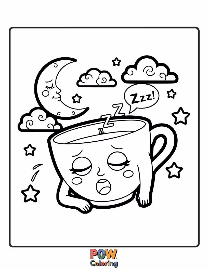 Free coloring page of Adorable cups nestled in cozy beds, dreaming of sweet treats and fluffy clouds. A peaceful and charming scene.