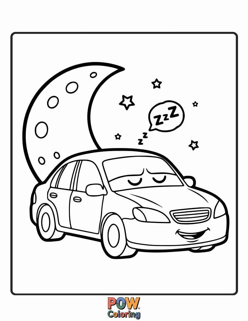 Free coloring page of A gentle car wearing a cozy nightcap, dreaming sweet dreams of open roads and sunshine.